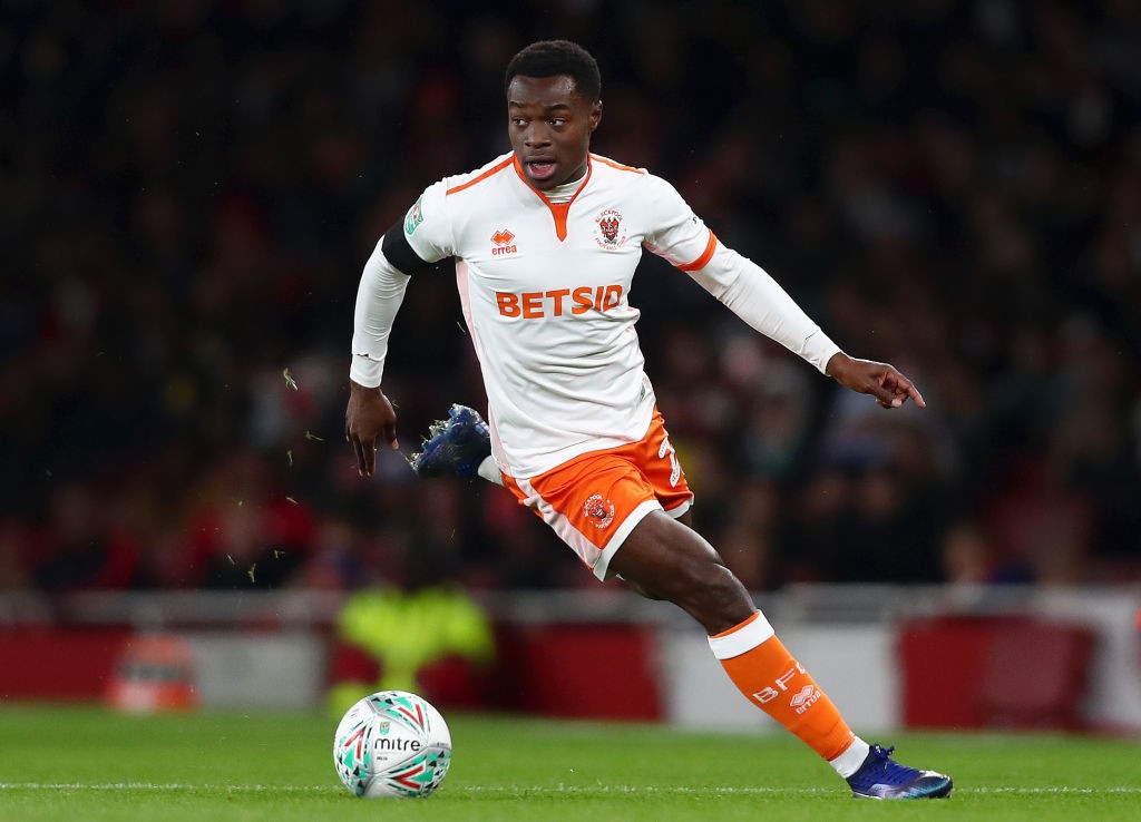 LONDON, ENGLAND - OCTOBER 31: Marc Bola of Blackpool in action during the Carabao Cup Fourth Round match between Arsenal and Blackpool at Emirates ...
