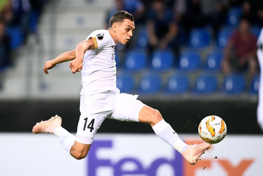Genk's Leandro Trossard kicks the ball and scores a goal during the UEFA Europa League Group I first-leg football match between KRC Genk and Malmo ...