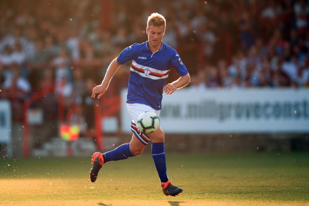 ALDERSHOT, ENGLAND - AUGUST 01: Joachim Andersen of Sampdoria during the Pre-Season Friendly between Fulham v Sampdoria at the EBB Stadium on Augus...