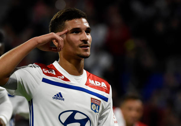 Lyon's forward Houssem Aouar celebrates after scoring a goal during the French L1 football match Lyon (OL) vs Nantes (FCN), on September 29, 2018 i...