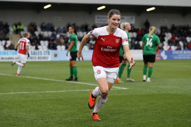 BOREHAMWOOD, ENGLAND - NOVEMBER 25: Dominique Bloodwoth of Arsenal celebrates after scoring her team's second goal during the FA Super League match between Arsenal and Brighton and Hove Albion at Meadow Park on November 25, 2018 in Borehamwood, England. (Photo by Linnea Rheborg/Getty Images)