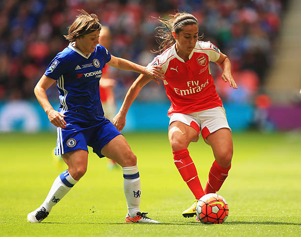 LONDON, UNITED KINGDOM - MAY 14: Fara Williams of Arsenal holds off Fran Kirby of Chelsea during the SSE Women's FA Cup Final between Arsenal Ladies and Chelsea Ladies at Wembley Stadium on May 14, 2016 in London, England. (Photo by Ben Hoskins/Getty Images)