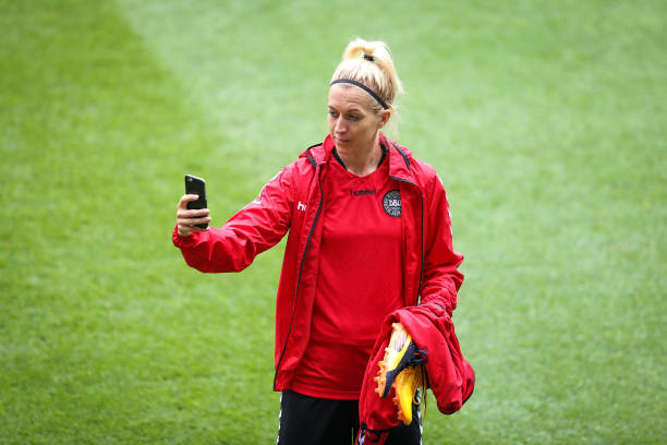 ENSCHEDE, NETHERLANDS - AUGUST 05: Janni Arnth of Denmark makes a picture during a training prior UEFA Women's Euro 2017 Final against Netherlands ...