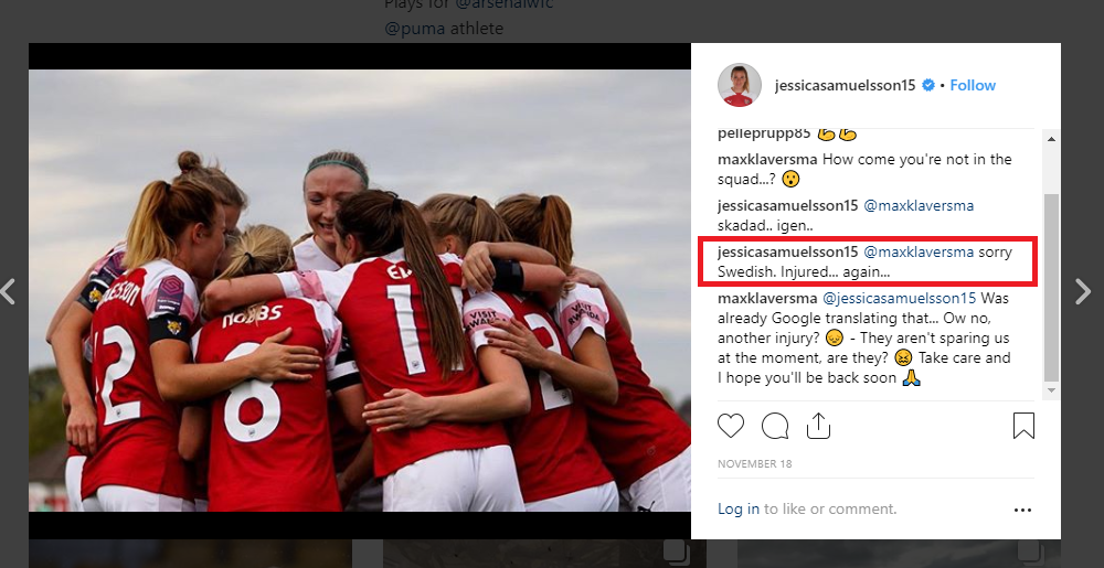 jessica samuelsson injured