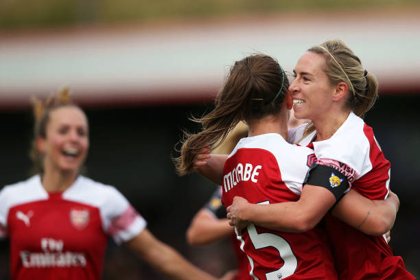 BOREHAMWOOD, ENGLAND - NOVEMBER 04: Jordan Nobbs of Arsenal celebrates after scoring her sides first goal with Katie Mccabe during the WSL match be...