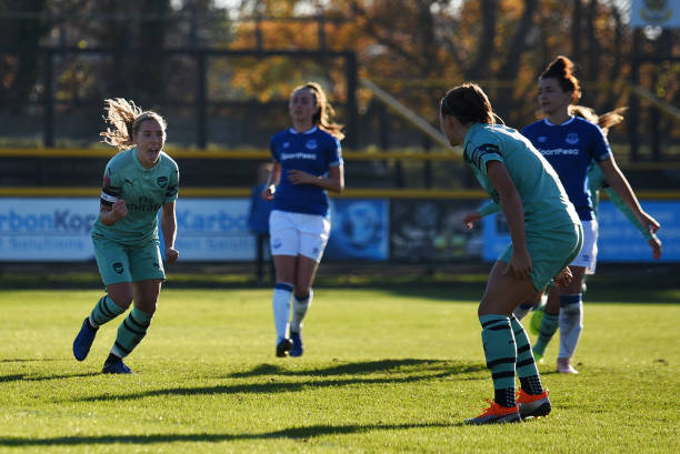 LIVERPOOL, ENGLAND - NOVEMBER 18: Jordan Nobbs of Arsenal celebrates after scoring her team's second goal during the FA WSL match between Everton L...