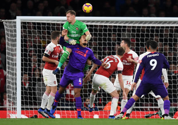 Arsenal and Liverpool denied clear penalties - so why didn't they get them? 3 LONDON, ENGLAND - NOVEMBER 03: Virgil van Dijk of Liverpool heads the ball and hits the post as he collides with Bernd Leno of Arsenal during the Premier League match between Arsenal FC and Liverpool FC at Emirates Stadium on November 3, 2018 in London, United Kingdom. (Photo by Michael Regan/Getty Images)
