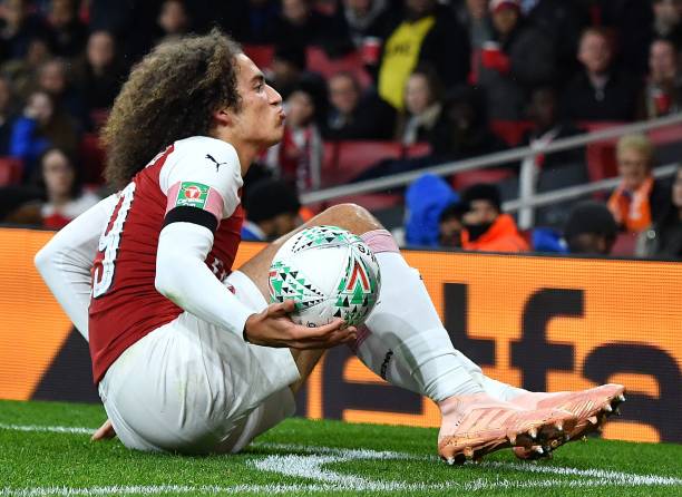Arsenal's French midfielder Matteo Guendouzi retrieves the ball during the English League Cup football match between West Ham United and Tottenham ...