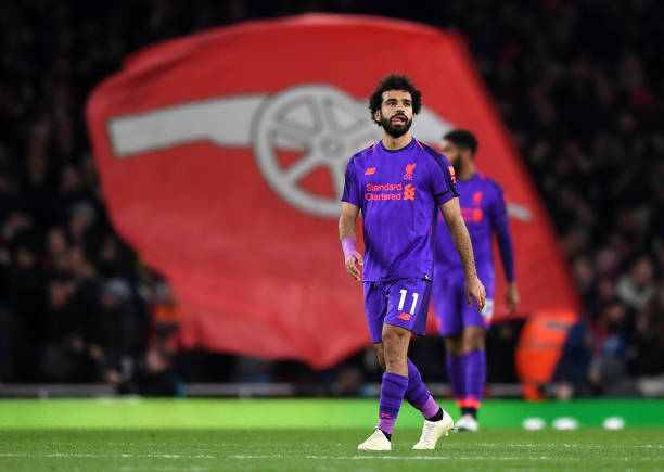 LONDON, ENGLAND - NOVEMBER 03: Mohamed Salah of Liverpool looks on after Alexandre Lacazette of Arsenal (not pictured) scores his sides first goal ...