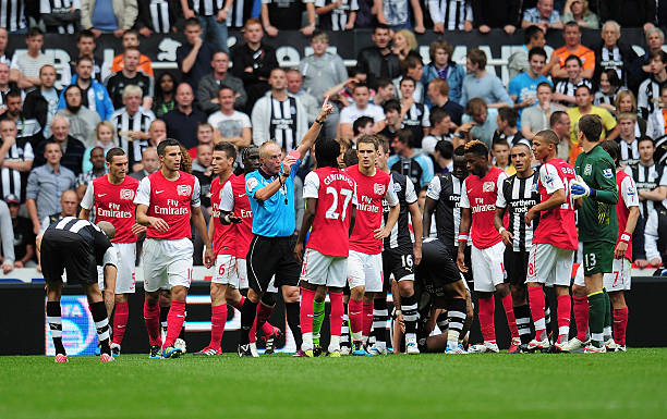 Arsenal and Liverpool denied clear penalties - so why didn't they get them? 5 NEWCASTLE UPON TYNE, ENGLAND - AUGUST 13: Gervinho of Arsenal is shown the red card by referee Peter Walton during the Barclays Premier League match between Newcastle United and Arsenal at St James' Park on August 13, 2011 in Newcastle upon Tyne, England. (Photo by Shaun Botterill/Getty Images)