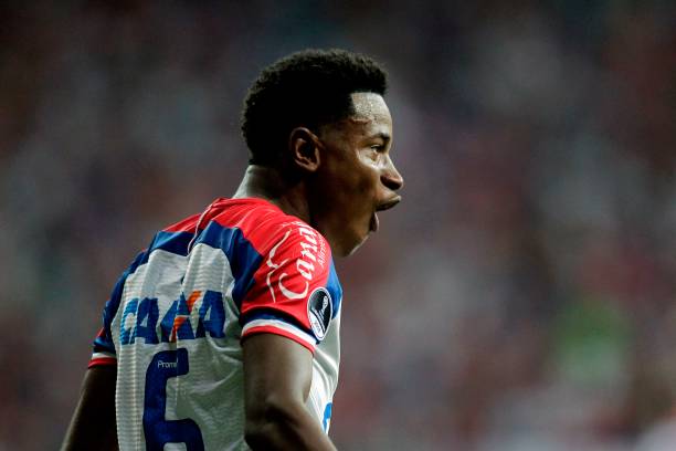 Brazil's Bahia Ramires celebrates a goal which was later cancelled by the VAR during their Copa Sudamericana football match against Brazil's Atletico Paranaense at Arena Fonte Nova stadium, in Salvador, Brazil on October 24, 2018. (Photo by Arisson MARINHO / AFP) (Photo credit should read ARISSON MARINHO/AFP/Getty Images)