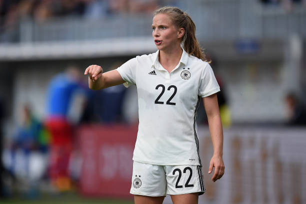 WIESBADEN, GERMANY - OCTOBER 20: Tabea Kemme of Germany gestures during the 2019 FIFA Women's World Championship Qualifier match between Germany an...
