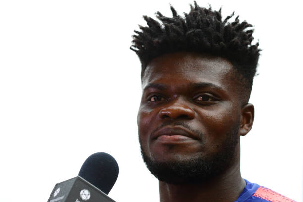 SINGAPORE - JULY 29: Thomas Partey of Atletico Madrid gives a pitch side interview during training ahead of the International Champions Cup match b...