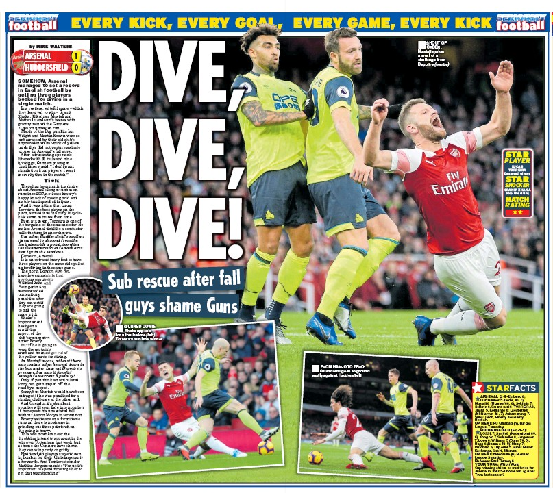 Arsenal get booked for diving more than Tottenham or Liverpool 5 181210 daily star dive dive dive