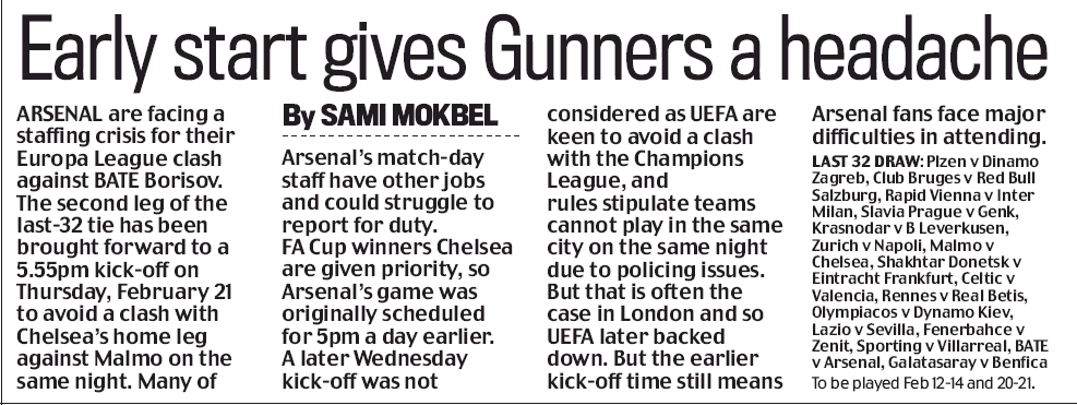 181218 daily mail early arsenal kkick off europa league