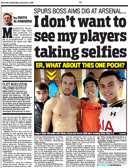 Pochettino cries Arsenal don’t give Spurs enough respect - again 2 Daily Mail, 5 December 2018