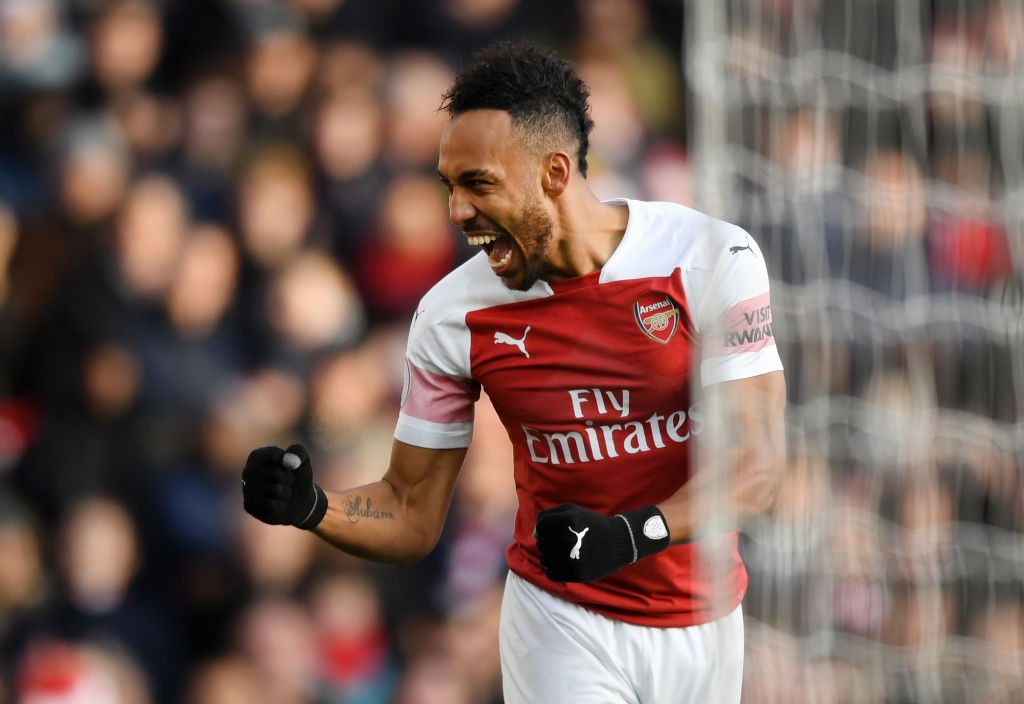 LONDON, ENGLAND - DECEMBER 22: Pierre-Emerick Aubameyang of Arsenal celebrates after scoring his team's second goal during the Premier League match...