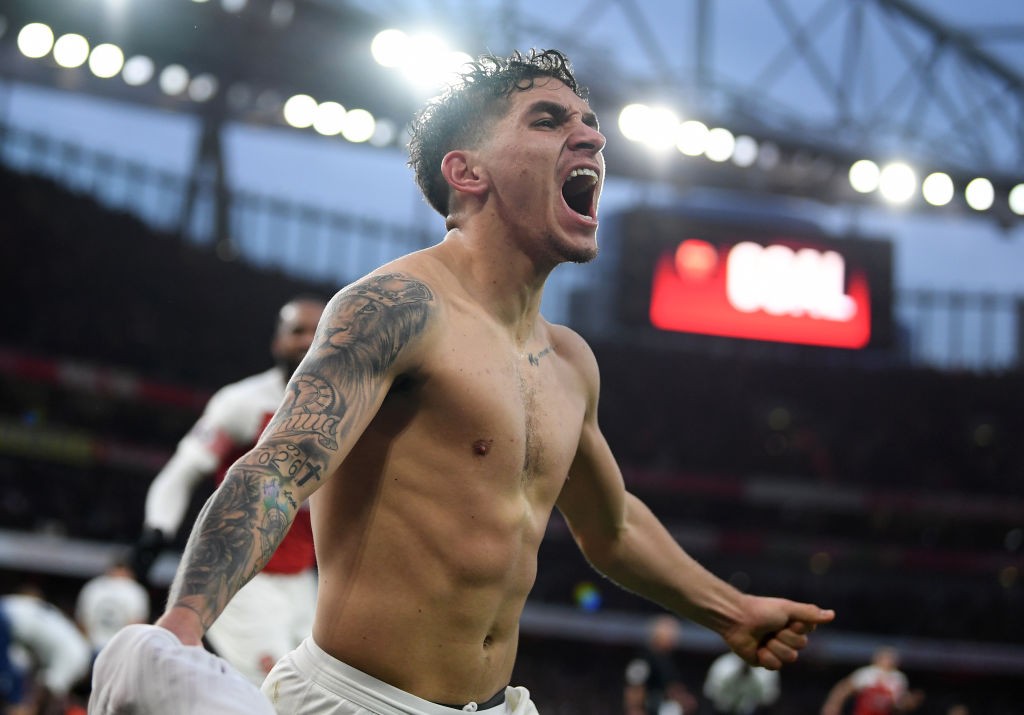 LONDON, ENGLAND - DECEMBER 02: Lucas Torreira of Arsenal celebrates after scoring during the Premier League match between Arsenal FC and Tottenham ...