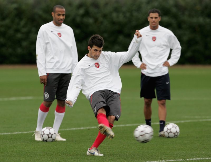 Cesc Fabregas retires 6 LONDON - OCTOBER 31: Cesc Fabregas shoots at goal watched by Thierry Henry (L) and Jeremie Aliadiere during the Arsenal training session at their London Colney training ground on October 31, 2006 in London Colney, England. (Photo by Christopher Lee/Getty Images)