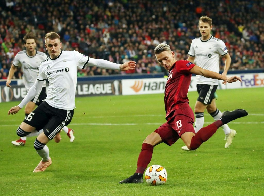 Salzburg's Austrian midfielder Hannes Wolf scores the 2:0 during the UEFA Europe League Group B football match Salzburg v Rosenberg in Salzburg, Au...