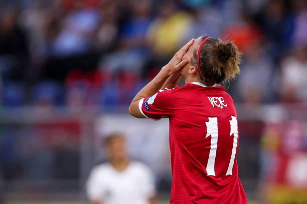 BREDA, NETHERLANDS - AUGUST 03: Katrine Veje of Denmark reacts during the UEFA Women's Euro 2017 Semi Final match between Denmark and Austria at Ra...