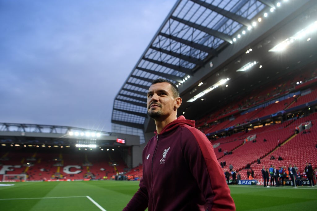 LIVERPOOL, ENGLAND - SEPTEMBER 18: Dejan Lovren of Liverpool looks on prior to the Group C match of the UEFA Champions League between Liverpool and...