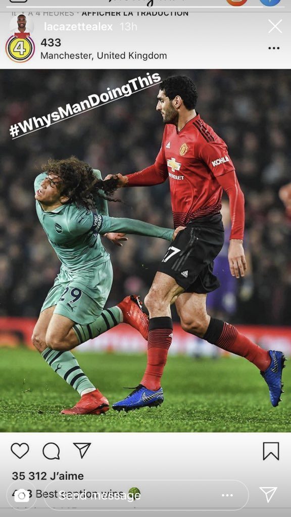 Alexandre Lacazette reacts to Marouane Fellaini hair-pulling incident with social media post 2 Alexandre Lacazette reacts to a Marouane Fellaini hair pull on Matteo Guendouzi via Instagram