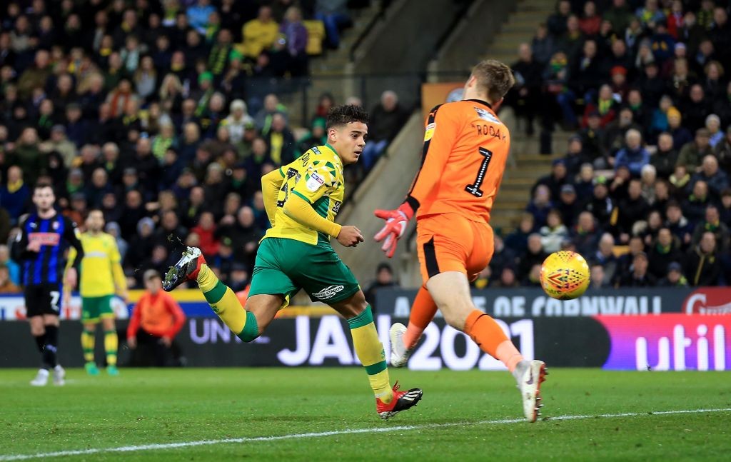 NORWICH, ENGLAND - DECEMBER 01: Max Aarons of Norwich City scores a goal during the Sky Bet Championship match between Norwich City and Rotherham U...