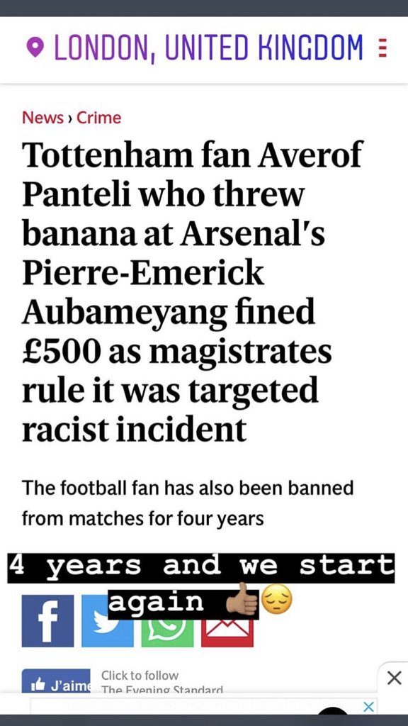 Pierre-Emerick Aubameyang on his Instagram story