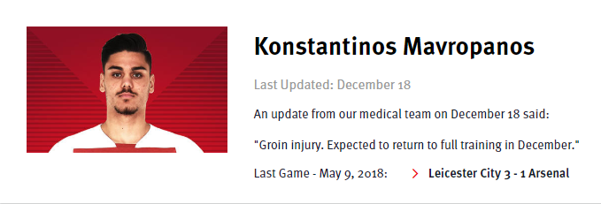 Mavropanos to return in January 3 arsenal.com mavropanos update 19 december 2019