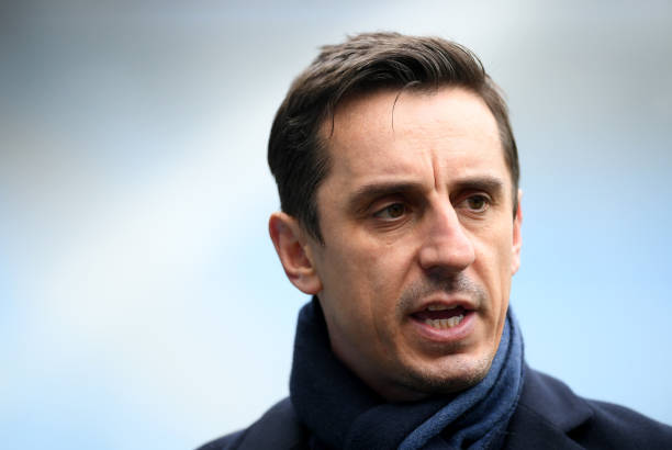 MANCHESTER, ENGLAND - MARCH 04: Sky Sports pundit Gary Neville looks on prior to the Premier League match between Manchester City and Chelsea at Et...