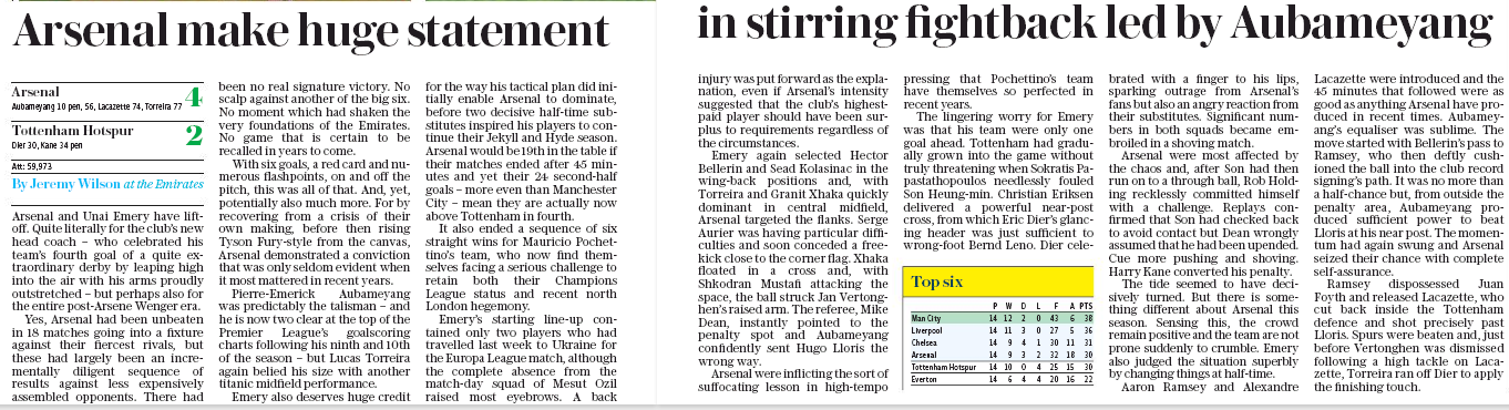 8 hilarious bits from the aftermath of Arsenal's epic win over Tottenham 5 Jeremy Wilson in Monday's Daily Telegraph