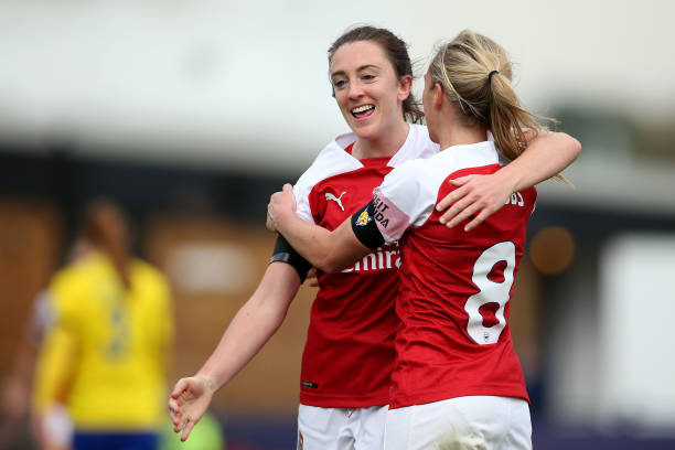 BOREHAMWOOD, ENGLAND - NOVEMBER 04: Jordan Nobbs of Arsenal celebrates scoring her sides third goal with Lisa Evans of Arsenal during the WSL match between Arsenal Women and Birmingham Ladies at Meadow Park on November 4, 2018 in Borehamwood, England. (Photo by Jack Thomas/Getty Images)