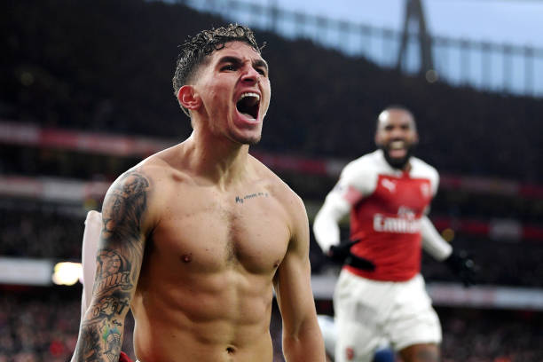 LONDON, ENGLAND - DECEMBER 02: Lucas Torreira of Arsenal celebrates after scoring his team's fourth goal during the Premier League match between Ar...