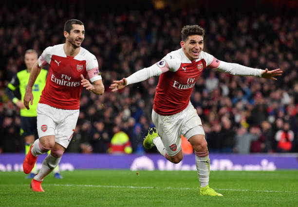 LONDON, ENGLAND - DECEMBER 08: Lucas Torreira of Arsenal celebrates after scoring his team's first goal during the Premier League match between Ars...