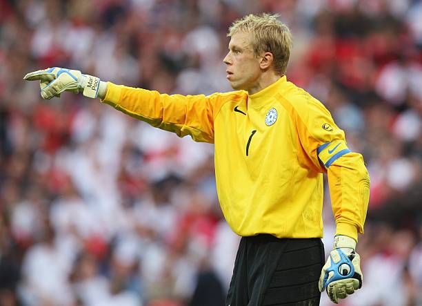 LONDON - OCTOBER 13: Mart Poom of Estonia gestures during the Euro 2008 Group E qualifying match between England and Estonia at Wembley Stadium on ...