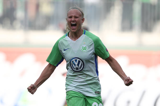 WOLFSBURG, GERMANY - APRIL 29: Pernille Harder of Wolfsburg celebrate after her first goal during the Women's UEFA Champions League semi final second leg match between VfL Wolfsburg and FC Chelsea at AOK Stadion on April 29, 2018 in Wolfsburg, Germany. (Photo by Oliver Hardt/Getty Images)