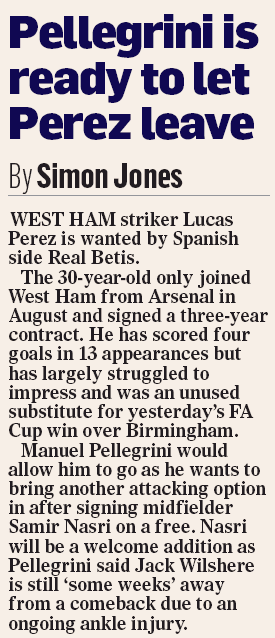 West Ham to sell Lucas Perez after only half a season 3 190106 mail on sunday lucas perez