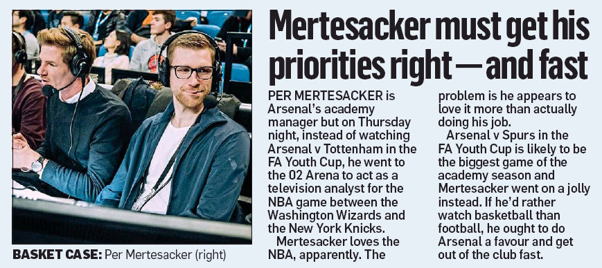 S*n and Daily Mail refuse to let facts get in way of Arsenal bashing 3 190120 mail on sunday oliver holt per mertesacker