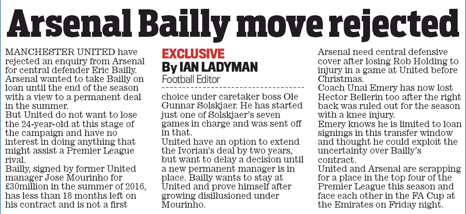 Manchester United reject Arsenal loan request 3 190123 daily mail eric bailly