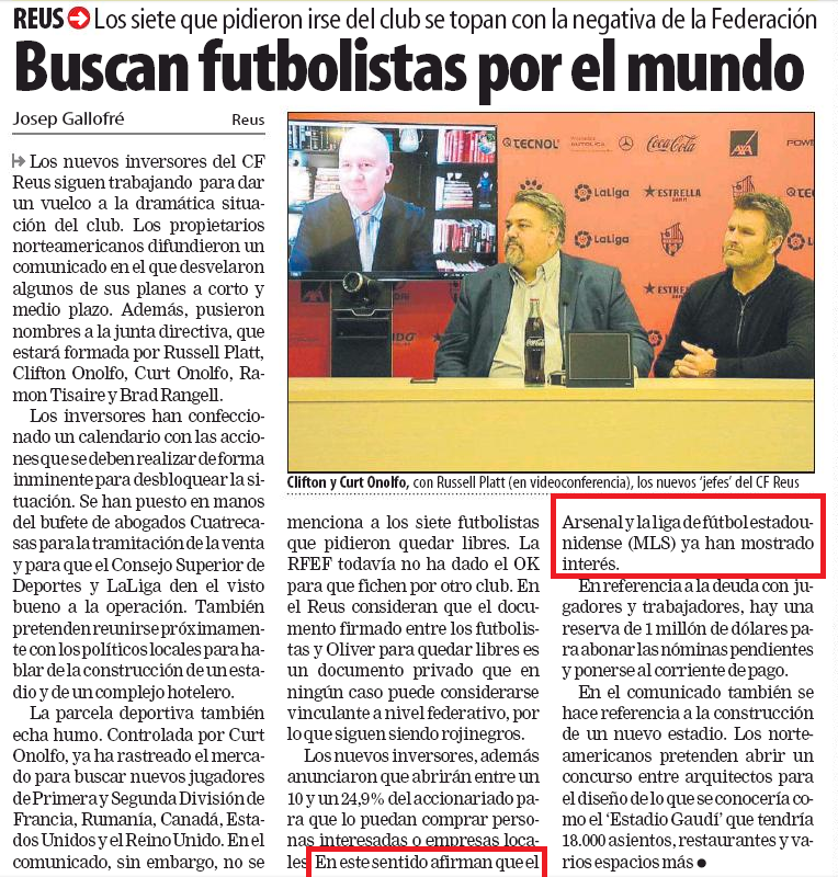 "New investors, in addition, announced that it will open between 10 and 24.9% of the shareholding so they can buy interested people or local businesses. In this sense they claim that the Arsenal and the league of american football (MLS) have already shown interest." Mundo Deportivo, 26 January 2019