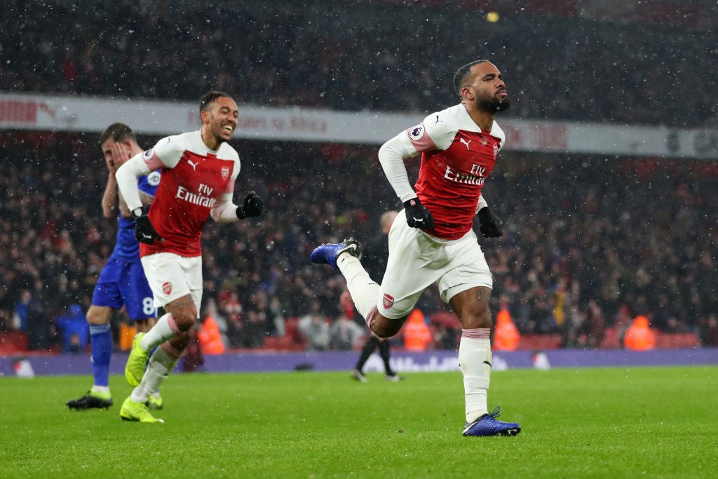 LONDON, ENGLAND - JANUARY 29: Alexandre Lacazette of Arsenal celebrates after scoring his team's second goal during the Premier League match betwee...