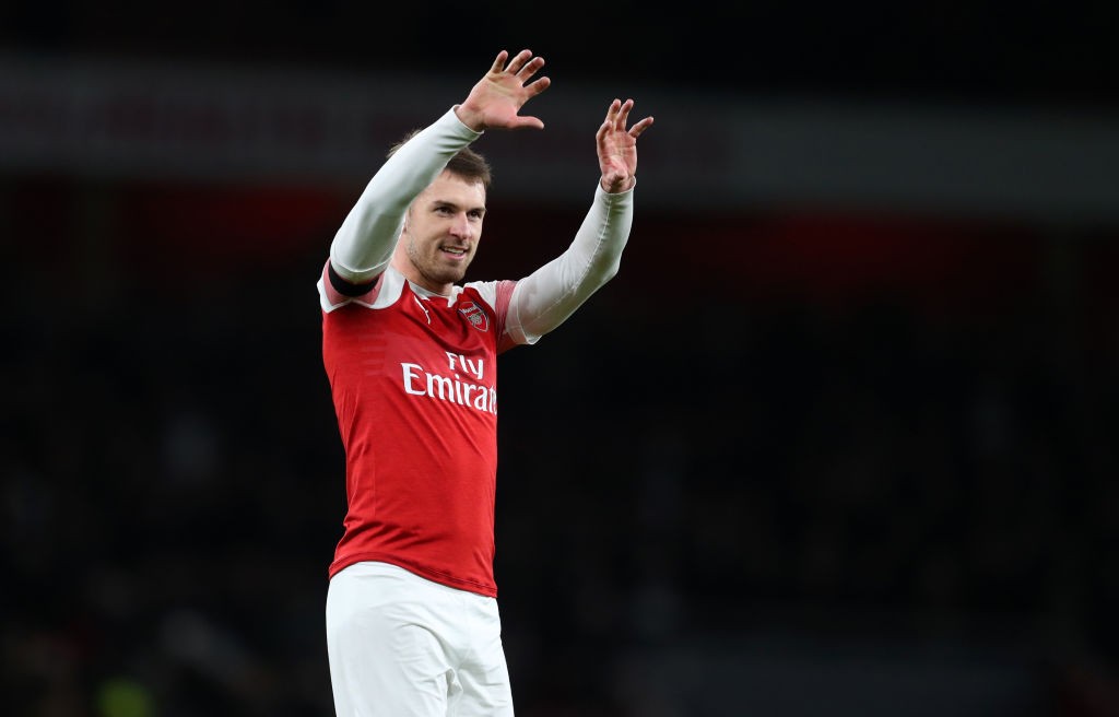LONDON, ENGLAND - JANUARY 01: Aaron Ramsey of Arsenal waves after the Premier League match between Arsenal FC and Fulham FC at Emirates Stadium on ...
