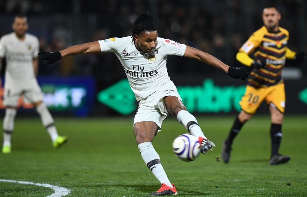 Paris Saint-Germain's French midfielder Christopher Nkunku kicks the ball during the French League Cup round of 8 football match between Orleans (U...