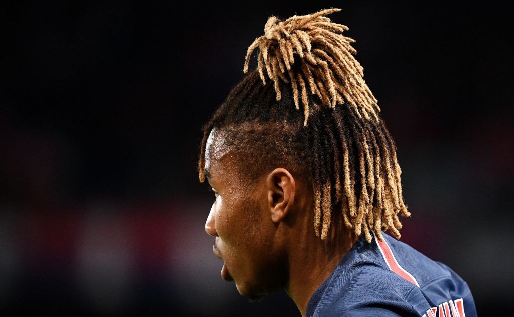 A picture shows the haircut of Paris Saint-Germain's French midfielder Christopher Nkunku during the French L1 football match between Paris Saint-G...