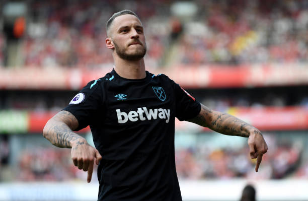 LONDON, ENGLAND - APRIL 22: Marko Arnautovic of West Ham United celebrates scoring his side's first goal during the Premier League match between Ar...