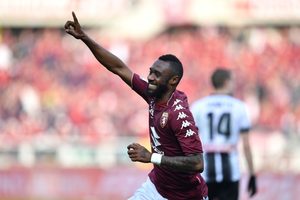TURIN, ITALY - FEBRUARY 11: Nicolas N koulou of Torino FC celebrates after scoring the opening goal during the Serie A match between Torino FC and ...