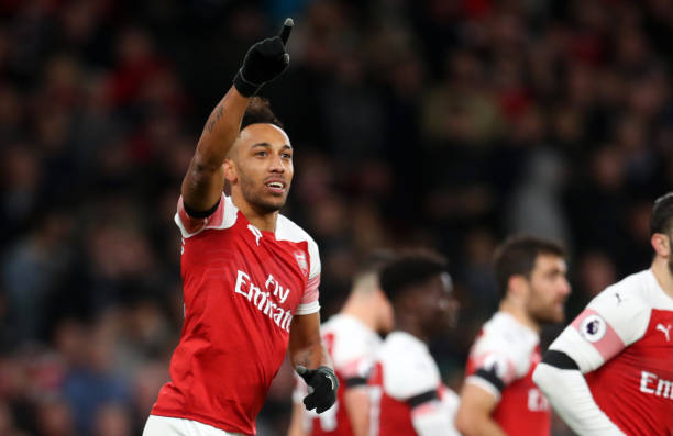 LONDON, ENGLAND - JANUARY 01: Pierre-Emerick Aubameyang of Arsenal celebrates after scoring his team's fourth goal during the Premier League match ...