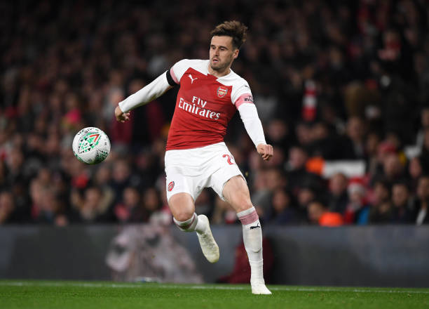 LONDON, ENGLAND - OCTOBER 31: Carl Jenkinson of Arsenal controls the ball during the Carabao Cup Fourth Round match between Arsenal and Blackpool a...