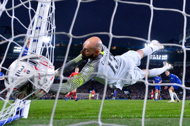 LONDON, ENGLAND - JANUARY 05:  Wilfredo Caballero of Chelsea makes a save during the FA Cup Third Round match between Chelsea and Nottingham Forest at Stamford Bridge on January 5, 2019 in London, United Kingdom. (Photo by Justin Setterfield/Getty Images)